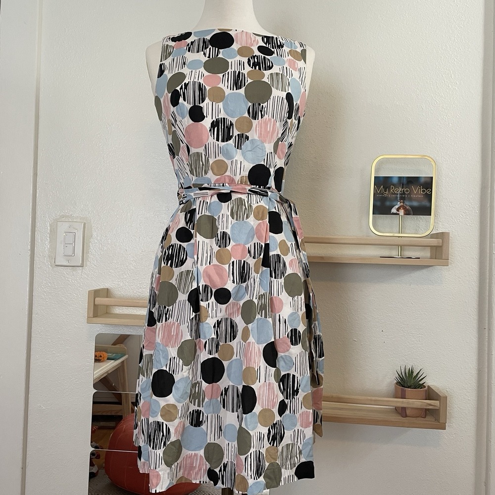 Anne Klein Pink Blue‎ Polka Dot Cotton Print Belted Fit & Flare Dress Size 4